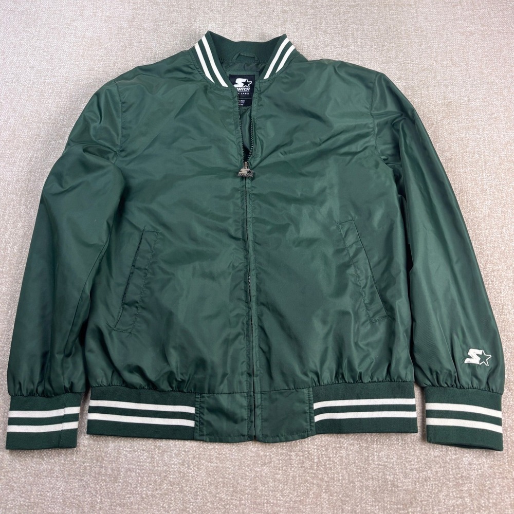Starter Black Label Mens Green Varsity Bomber Jacket Full Zip Size Medium